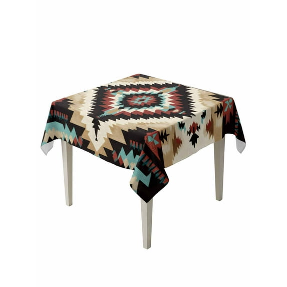 Boho Brown Teal Red Table Cloth, Southwestern Geometric Art Vintage Waterproof Tablecloth for Square Tables, Reusable Washable Fabric Table Cover for Restaurant Kitchen Dining Tables 60"x60"