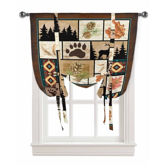 Boho Brown Tie Up Curtains for Kitchen Bathroom Bedroom Windows 45 Inch Length, Southwestern Farm Animals Vintage Plaid Balloon Drape Curtains Shade Rod Pocket Drapery Curtain Panel, 42"x45"