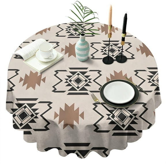 Boho Brown and Black Ethnic Pattern Round Tablecloth 60"x60",Wrinkle Wipeable Table Cloth for Kitchen Dining Room Picnic Patio Party