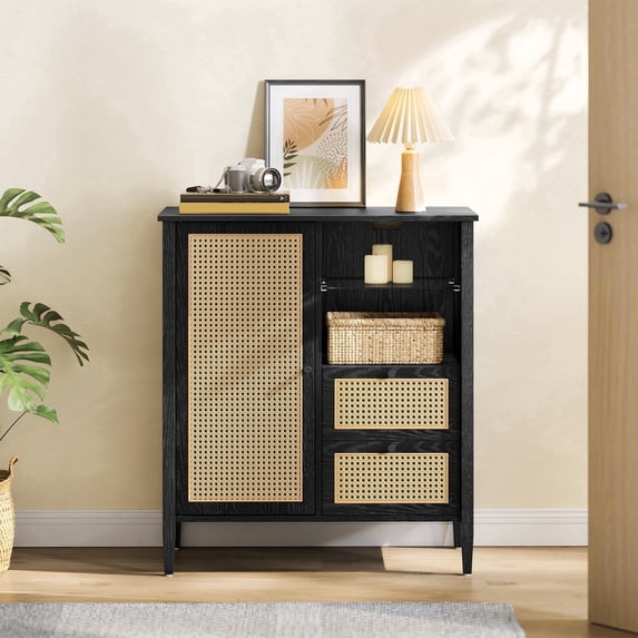 VASAGLE Modern Rattan Sideboard Buffet Cabinet, Boho Kitchen Buffet Table Console Cabinets with with DrawersStorage Cabinet with Adjustable Shelves, Black