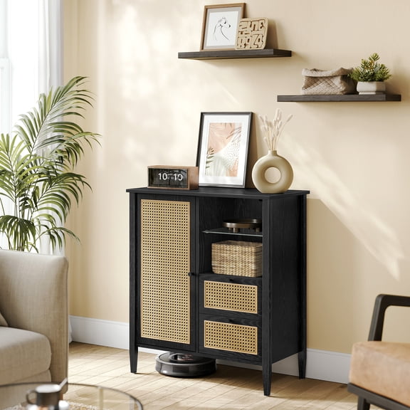 Modern Rattan Sideboard Buffet Cabinet, Boho Kitchen Buffet Table Console Cabinets with with DrawersStorage Cabinet with Adjustable Shelves, Black