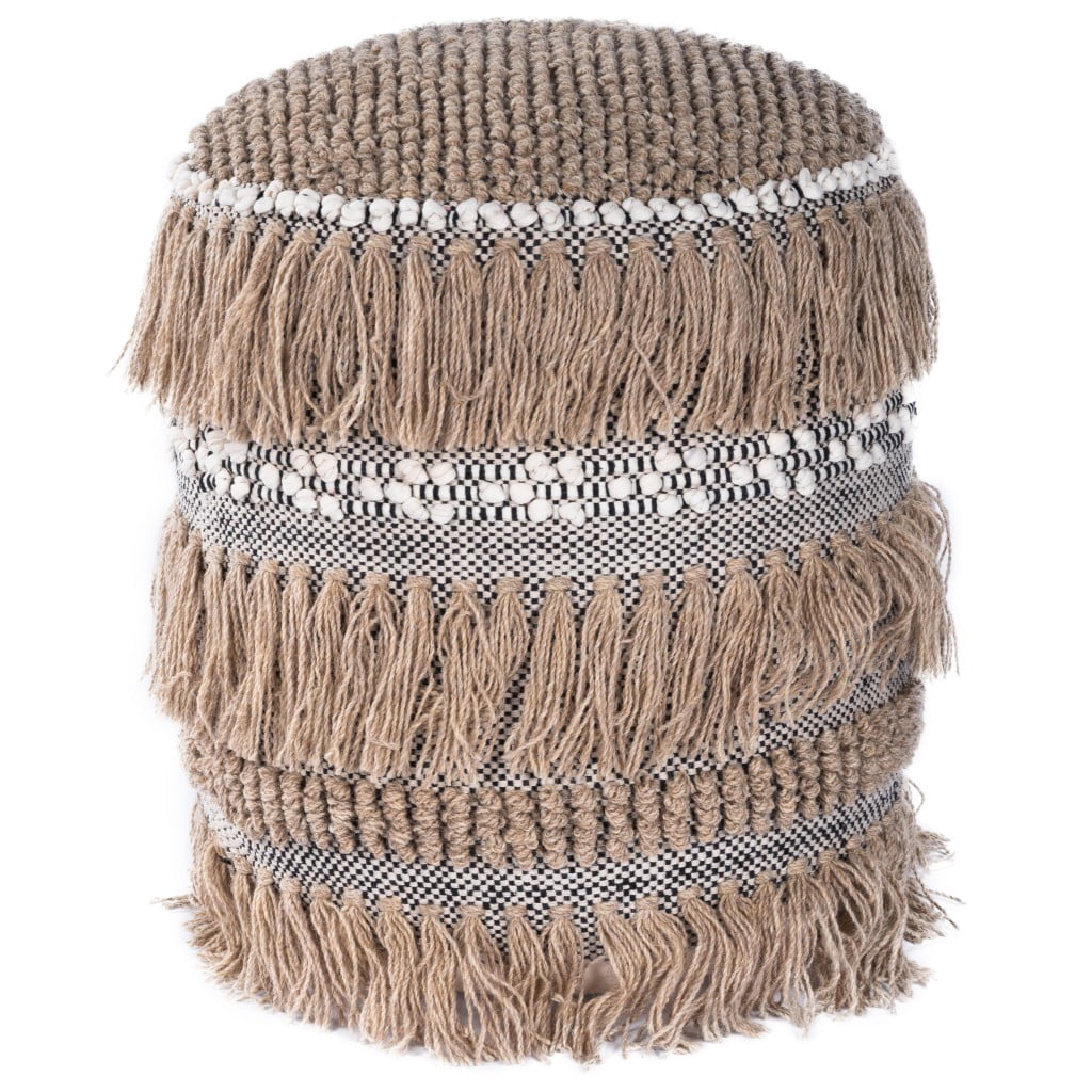 Boho Bullet Tassel Round Pouf Ottoman in Beige