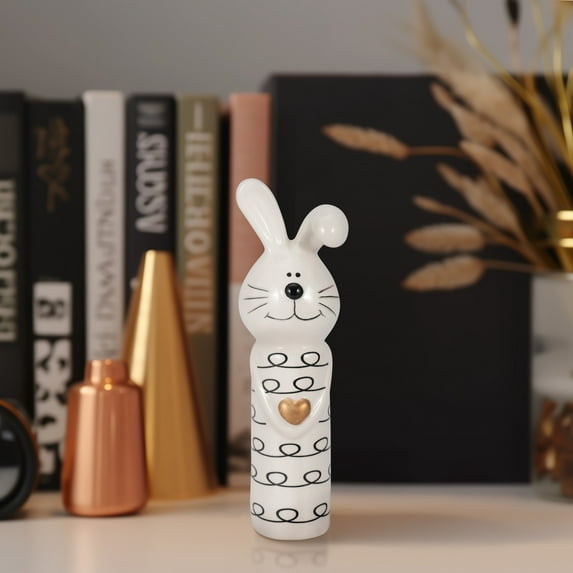Boho Bunny Figurine - Handcrafted Ceramic Stoneware Decorative Accent with Heart - Modern Minimalist Home Decor for Living Room, Bedroom, or Office - 7" Black & White