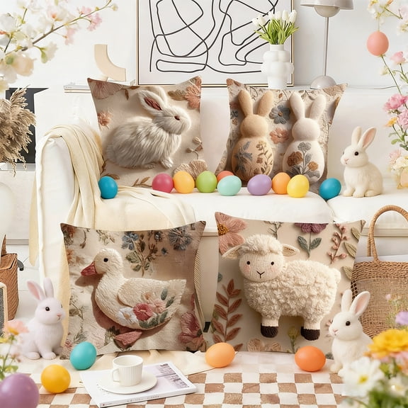 Boho Bunny Pillow Covers for Couch Home Decor Living Room Patio Bed Sofa Cushion Cover Rabbit Floral Bird Easter Gifts Bohemian Farmhouse Pillowcase Decorative Throw Pillows