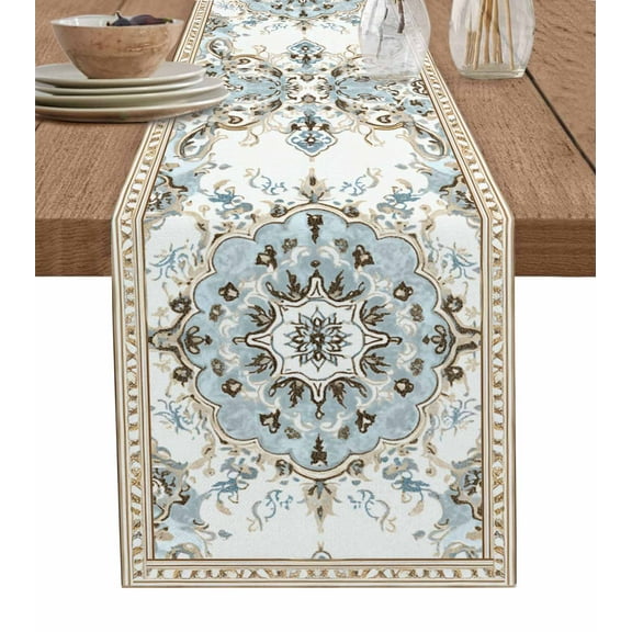 Boho Burlap Cotton Table Runner 14x72 Inches Long, Ethnic Aztec Southwest Neutral Aesthetic Motifs Farmhouse Table Runners, Outdoor Dining Tablecloths Decor for Baby Shower/Party/Wedding