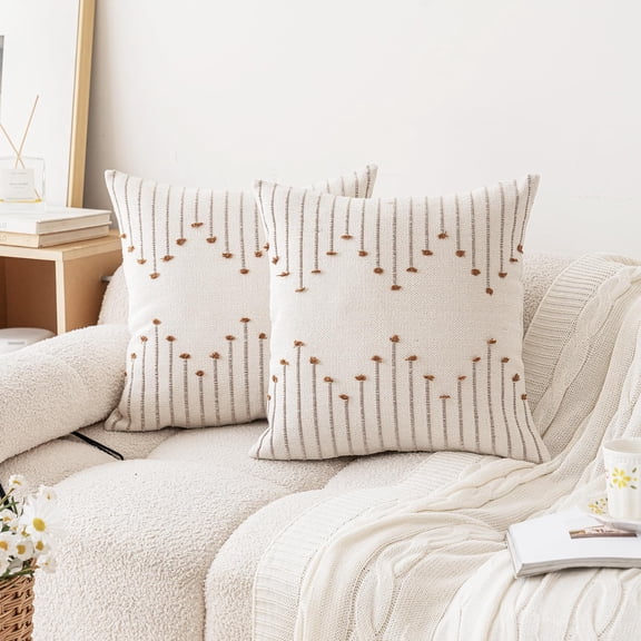 Boho Burlap Throw Pillow Covers 18x18 Set of 2, Neutral Woven Decorative Couch Pillow Covers, Textured Sofa Cushion Case