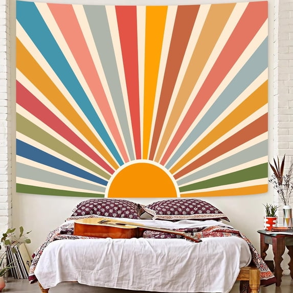 Boho Burning Sun Tapestry Wall Hanging, Retro 70s Abstract Vintage Geometric Rainbow Sunrise Tapestries for Bedroom Living Room Backdrop 60×80 inch