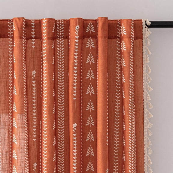 Boho Burnt Orange Curtains 95 Inch Long, Floral Printed Linen Blend Rust Terracotta Fall Light Filtering Farmhouse Drapes with Tassels Back Tab, 2 Panels, 50" Wide Each