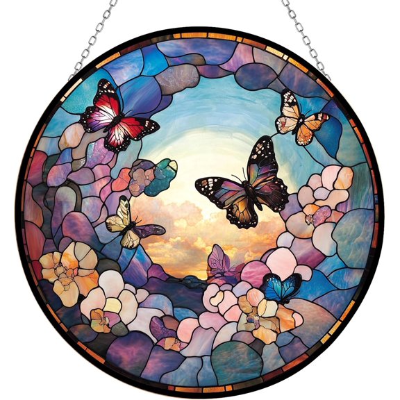 Boho Butterflies and Flowers Stained Glass Window Hanging, Suncatcher for Women, Stained Glass Window Decor Perfect Home Decorr