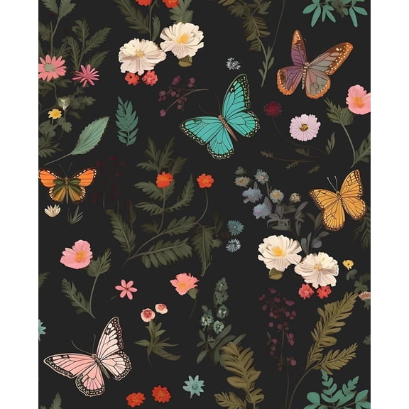 Boho Butterfly Adhesive Shelf Liner Contact Paper, 17.5" x 78" Vintage Black Floral Wallpaper for DIY Craft, Vinyl Removable Wallpaper for Dresser Dollhouse Cabinet Drawer in Dark Colorful
