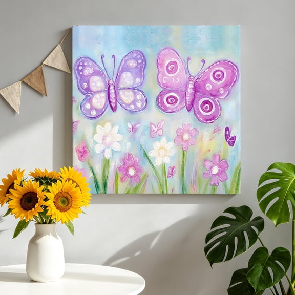 Boho Butterfly Canvas Wall Art for Living Room, Wildflowers Grass Floral Garden Spring Poster Print Painting for Bedroom Office Home Decoration Wall Pictures Prepare To Hang 8"x8"