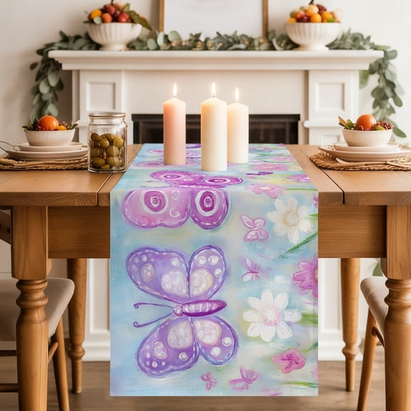 Boho Butterfly Dining Table Runner, Wildflowers Grass Floral Garden Spring Washable Table Runners Kitchen Coffee Table Center Decor for Home Party Holiday Wedding 13 x 36 Inches