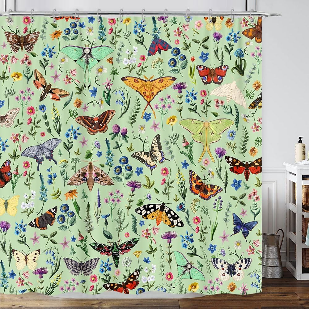 Boho Butterfly Floral Shower Curtain, Bright Abstract Bohemian Plant