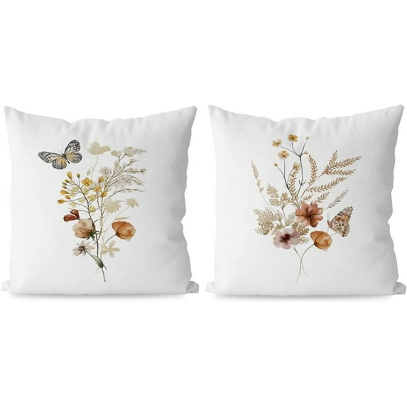 Boho Butterfly Flower Throw Pillow Covers,Vintage Watercolor Botanical Bohemian Aesthetic Floral Throw Pillow Covers 18×18 Inch Set of 2,Baby Girl Bedroom Nursery Decor,Gifts for Girls