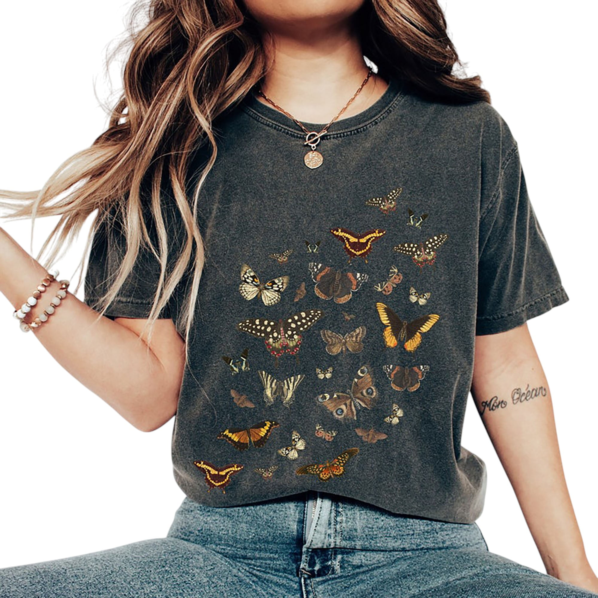 Women's Boho Butterfly Shirt - Moon Moth & Floral Print Tee, Cotton Blend, Casual Short Sleeve Top