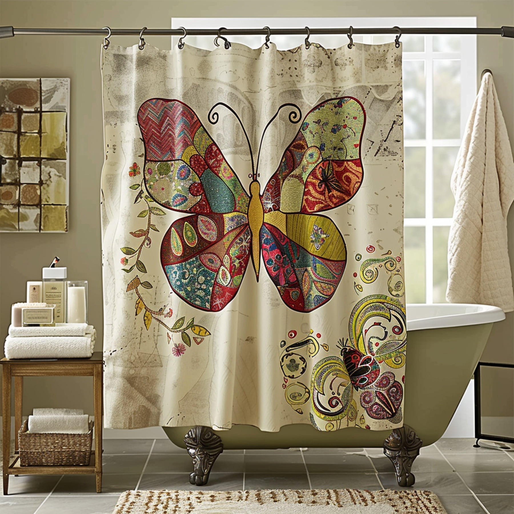 Boho Butterfly Shower Curtain with Multicolored Design Brown Cream