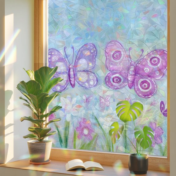 Boho Butterfly Window Privacy Film, Wildflowers Grass Floral Garden Spring Stained Glass Rainbow Film Decorative Window Clings, Static Cling Sun Blocking Stickers 17.7" x 39.3"