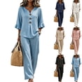 thumbnail image 1 of Boho Button-Front V-Neck Ruffle Sleeve Two-Piece Set for Women, Lightweight Wide Leg Pants & Top Outfit - Summer Vacation Beach Resort Casual Loungewear Khaki XXXL, 1 of 5
