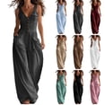 thumbnail image 1 of Boho Button Front Wide Leg Jumpsuit for Women - Sleeveless V-Neck Overall with Pockets, Flowy Casual Linen-Look Summer Romper Brown L, 1 of 6