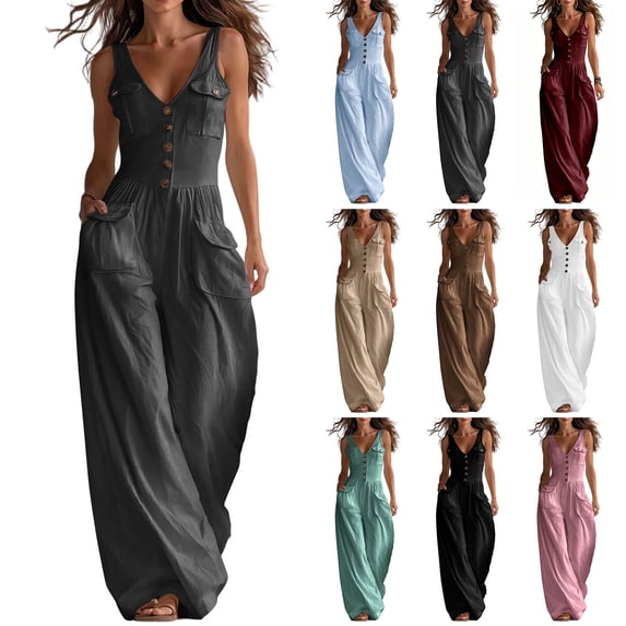 Boho Button Front Wide Leg Jumpsuit for Women - Sleeveless V-Neck Overall with Pockets, Flowy Casual Linen-Look Summer Romper Light Blue XXL