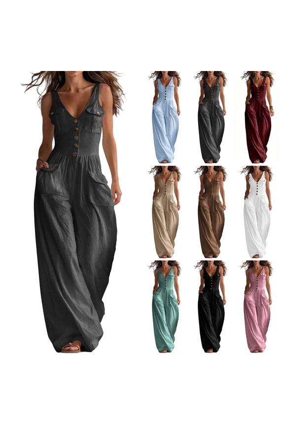 Boho Button Front Wide Leg Jumpsuit for Women - Sleeveless V-Neck Overall with Pockets, Flowy Casual Linen-Look Summer Romper Pink XL