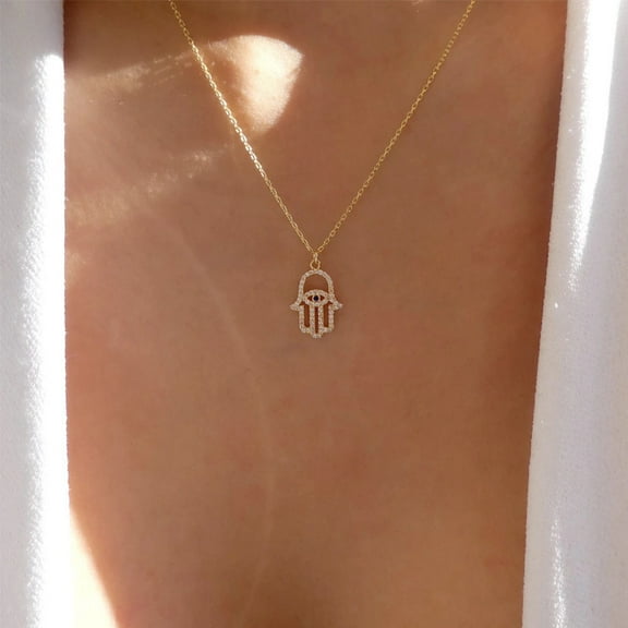 Boho CZ Hamsa Hand Necklace Choker Crystal Hamsa Hand Pendant Necklace Gold Evil Eye Necklace Chain Rhinestone Hamsa Choker Necklace Jewelry for Women