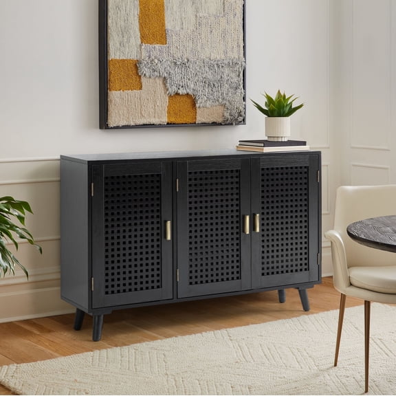 Tina's Home Boho Sideboard with 3 Lattice Doors and Wooden Legs Storage Cabinet Credenzas Home Living Room Black