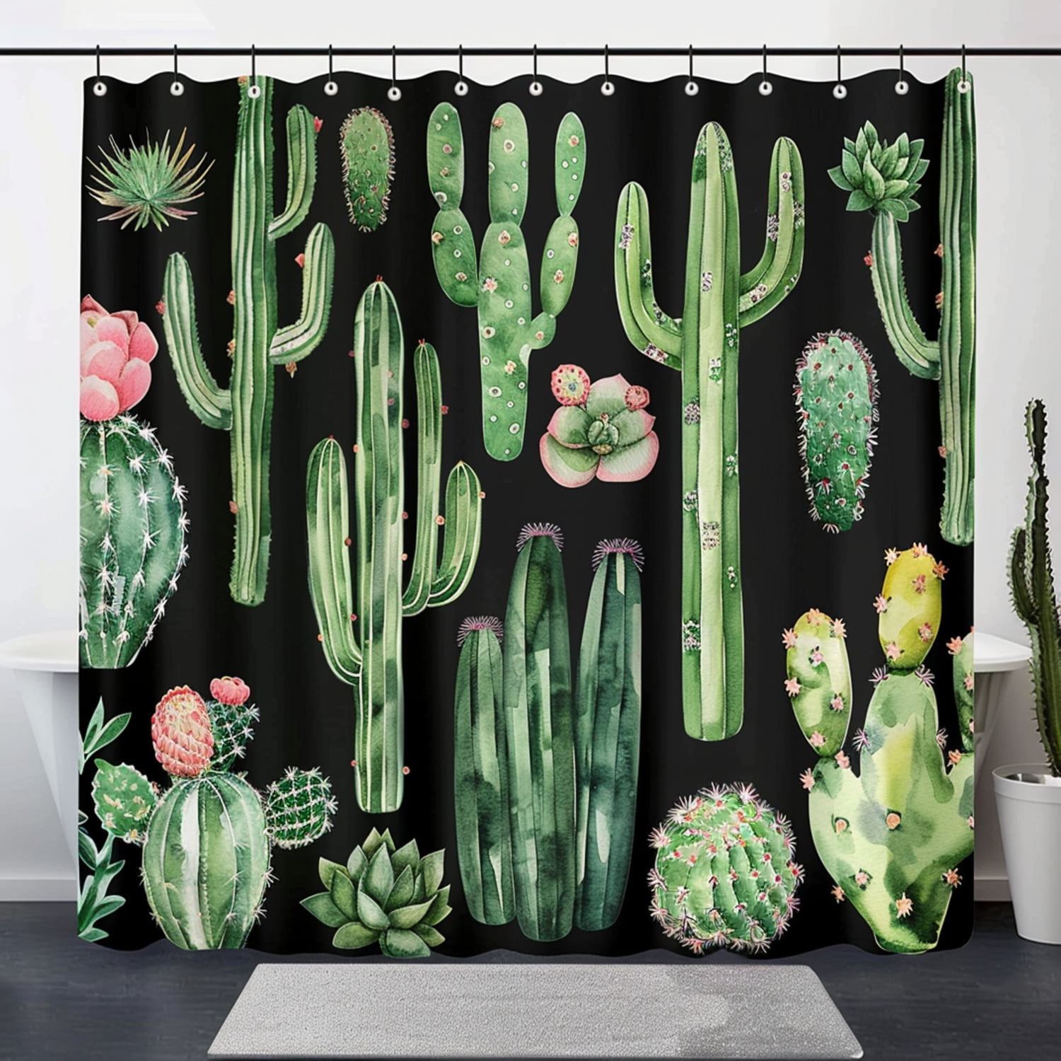 Boho Cactus Bathroom Decor Set Watercolor Style Shower Curtain