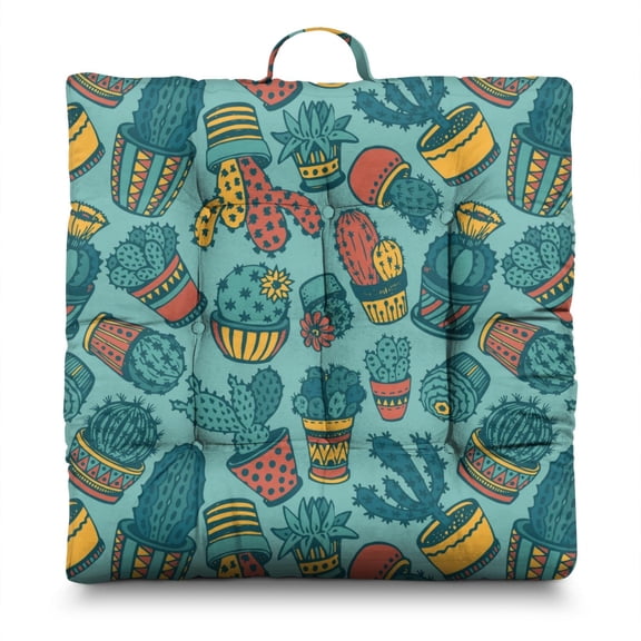 Boho Cactus Floor Cushion – 22x22 Inch Large Pillow, Dutch Velvet, Whimsical Prickly Pear Design (Macramé & Terra Cotta Vibes)