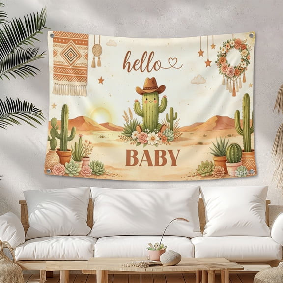 Boho Cactus Hello Baby Baby Shower Backdrop Western Desert Cactus Baby Shower Decorations Floral Photography Background Photo Booth 3.3*5FT