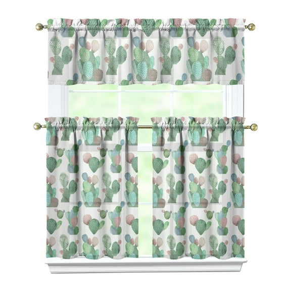 Boho Cactus Kitchen Curtains Set of 3 - Southwestern Succulent Design, Rod Pocket Tier Curtains & Valance for Small Windows