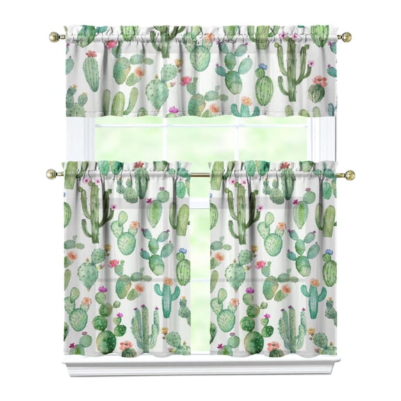 Boho Cactus Kitchen Curtains Set of 3 - Southwestern Succulent Tier Curtains with Rod Pocket for Small Windows (White Semi-Sheer)