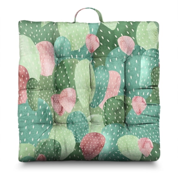 Boho Cactus Meditation Cushion - Thick Square Floor Pillow for Adults with Succulent Design, Supportive PP Cotton Filling for Yoga & Relaxation