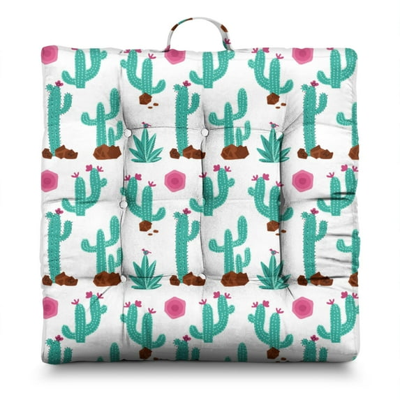 Boho Cactus Meditation Cushion - Thick Square Floor Pillow for Adults with Succulent Design, Supportive PP Cotton Filling for Yoga & Relaxation