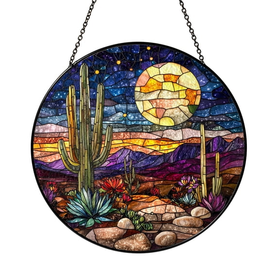 Boho Cactus Moonlight Stained Glass Style Suncatcher Window Hanging, Decorative Desert Landscape Glass Style Art Panel with Cactus and Moon Scene for Boho Window Decor Ornament Gift