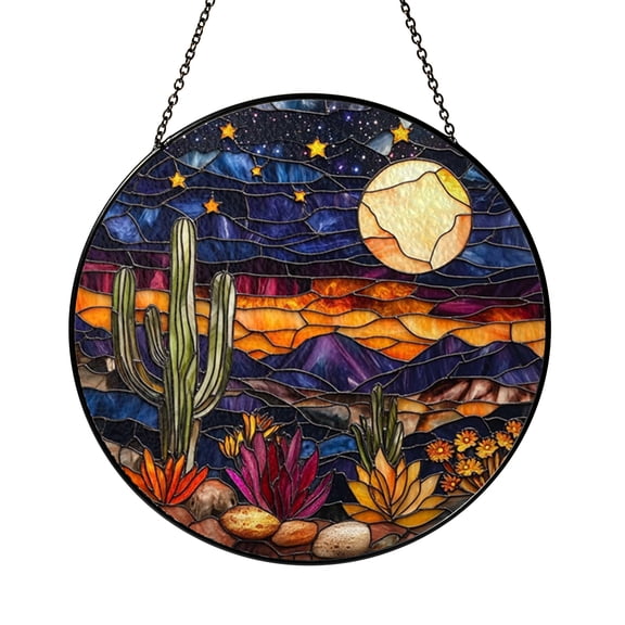Boho Cactus Moonlight Stained Glass Suncatcher Window Hanging Decor, Desert Sunset Landscape Glass Art Panel with Cactus Scene, Western Nature Window Decoration Gift