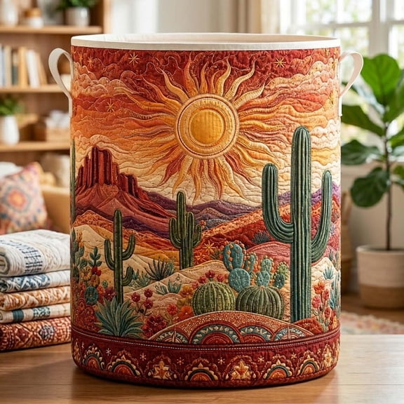 Boho Cactus Quilted Laundry Basket: Desert Sun Clothes Hamper, Southwestern Storage Bin