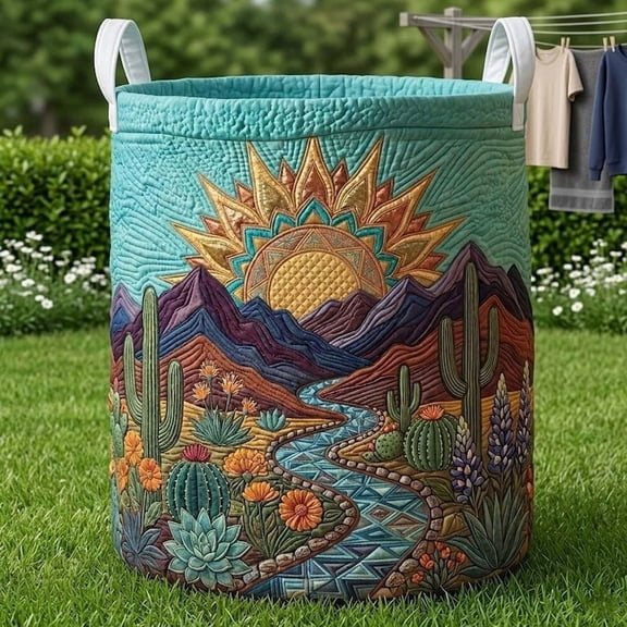 Boho Cactus Quilted Laundry Basket: Floral Daybreak Hamper, Family Storage Bin