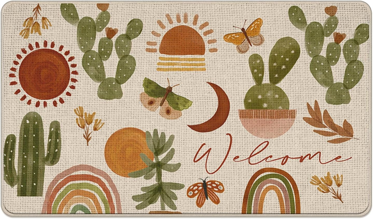 Boho Cactus Rainbow Decorative Front Door Mat, Bohemian Cacti Sun Moon Welcome Doormat Indoor Outdoor Non-Slip Floor Entryway Rug, Butterfly Plant Home Kitchen Decoration 17x30 Inch