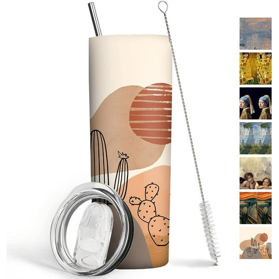 Boho Cactus Tumbler 20 oz Travel Coffee Mug Cactus Print Skinny Tumblers with Lid and Straw Stainless Steel Insulated Coffee Cups Gift for Boho Lover