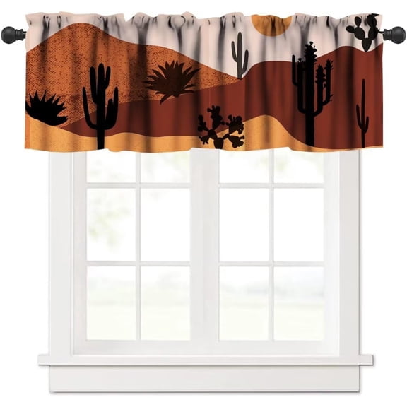 Boho Cactus Valance, Mid Century Modern Abstract Mountain Desert Landscape Art Minimalist Sunset Sunrise Print Blackout Short Window Treatments for Living Room Bedroom, 54x18in