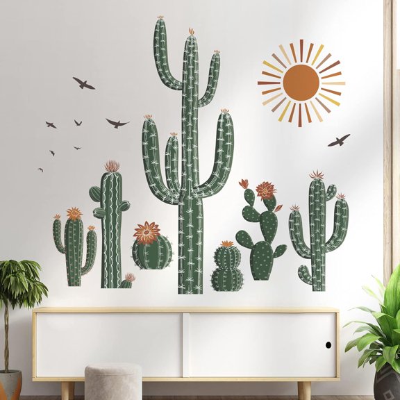 Boho Cactus Wall Stickers Tropical Cacti Green Plants Peel and Stick Wall Art Decals for Living Room Bedroom Dining Room