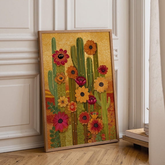 Boho Cactus Warm Desert Floral Southwestern Botanical Golden Sun Cactus Decor Retro Wall Art, Stretched Canvas