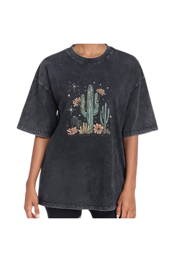 Boho Cactus Washed Print Tshirt Graphic Tees Shirts White Vintage Wash Desert Floral Casual S-2XL Womens Tops