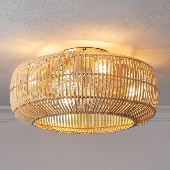 Boho Caged Ceiling Fan with Light: 20" Rattan Chandelier Ceiling Fan with Light and Remote, Low Profile Boho Fandelier Flush Mount for Bedroom, Living Room, Kitchen, E26 No Bulb