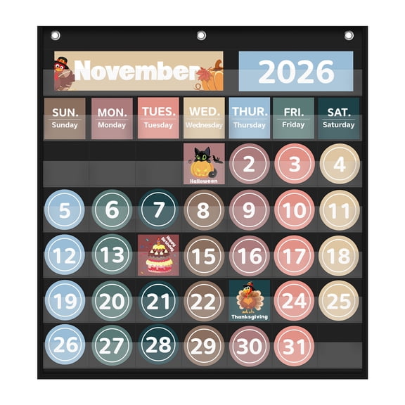 Boho Calendar Pocket Chart for Classroom Cards Add-On School Supplies Teacher Decorations Bulletin Board Pre-K To 6th Grade, Black