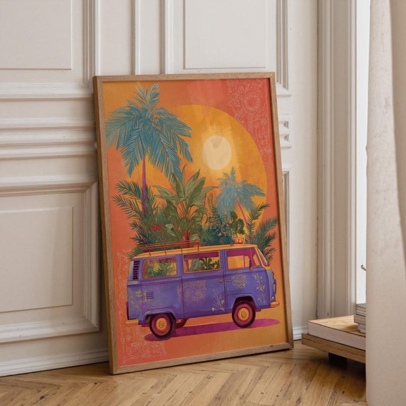 Boho Camper Van Tropical Sunset Van Life Botanical Travel, Unframed Poster