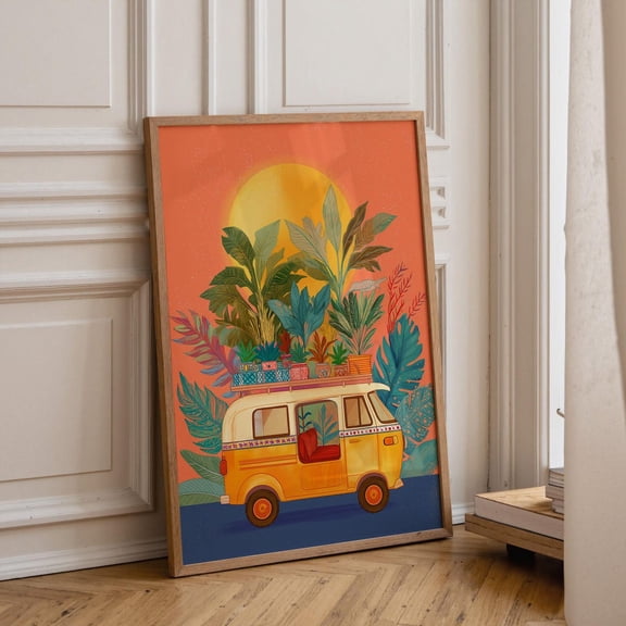 Boho Camper Van Wall Art, Tropical Sunset Plant Print, Van Life Decor, Colorful Travel Poster Poster Unframed Paper Print