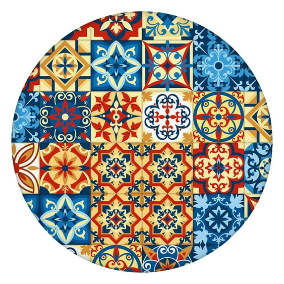 Boho Canopy Floral Round Table Cover 44Inch, Elastic Fitted Tablecloth for 38-42 Inch Tables, Stain Resistant Fabric