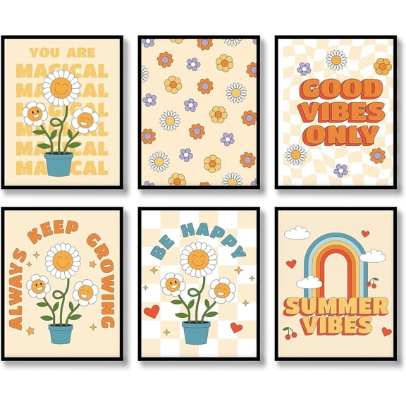 Boho Canvas Wall Art Retro Floral Wall Decor Prints Set of 6 Hippie Flower Canvas Vintage Posters Happy Face Pictures Boho Positive Photos for Living room Bedroom Decoration 8x10 inch Unframed